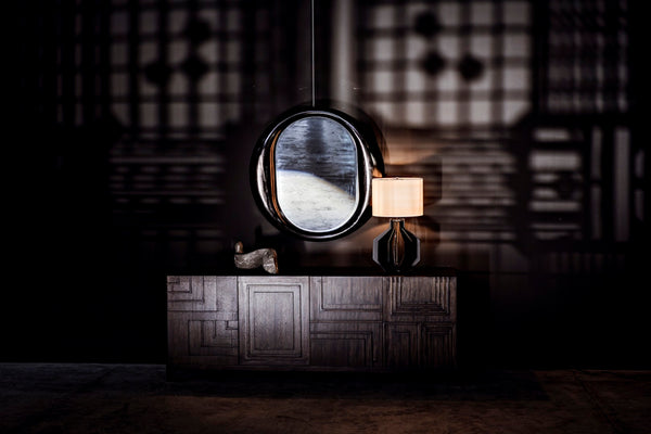 Noir Oh Mirror, Oversized Charcoal Black Wall Mirror - Hand-Carved Wood Frame for Contemporary Elegance AE-154CHB