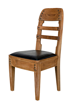 Noir Laila Teak Dining Chair with Black Leather Seat – Elegant Design, Brass Accents, Timeless Comfort AE-172T