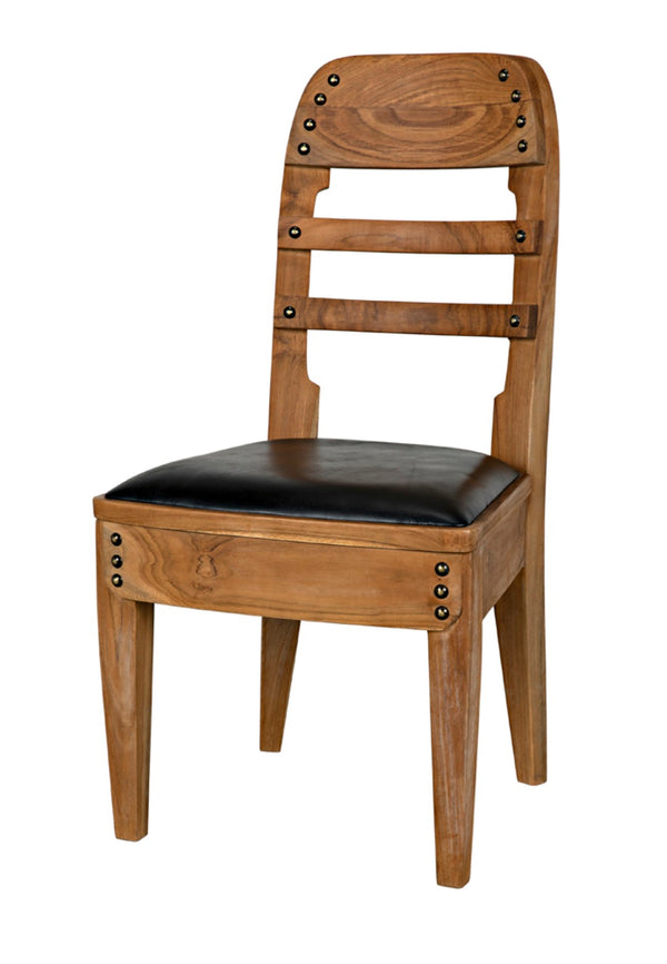 Noir Laila Teak Dining Chair with Black Leather Seat – Elegant Design, Brass Accents, Timeless Comfort AE-172T