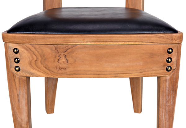 Noir Laila Teak Dining Chair with Black Leather Seat – Elegant Design, Brass Accents, Timeless Comfort AE-172T