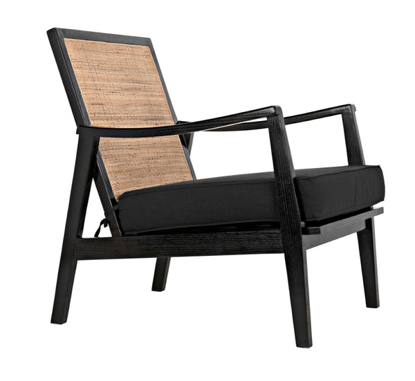 Noir Lichtenstein Chair - Charcoal Black Occasional Seat with Rattan Back & Cotton Cushion for Modern Spaces AE-215CHB