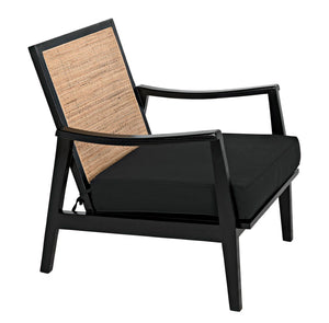 Noir Lichtenstein Chair - Charcoal Black Occasional Seat with Rattan Back & Cotton Cushion for Modern Spaces AE-215CHB