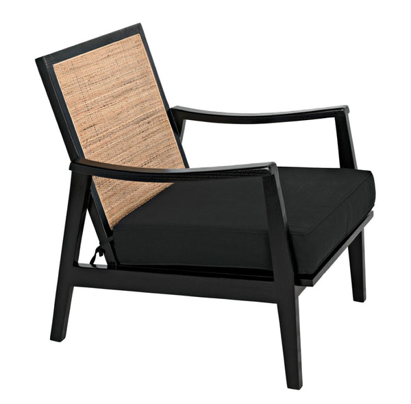 Noir Lichtenstein Chair - Charcoal Black Occasional Seat with Rattan Back & Cotton Cushion for Modern Spaces AE-215CHB