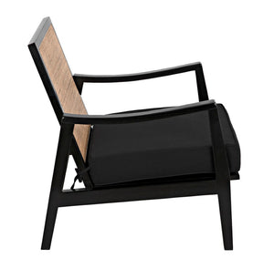 Noir Lichtenstein Chair - Charcoal Black Occasional Seat with Rattan Back & Cotton Cushion for Modern Spaces AE-215CHB