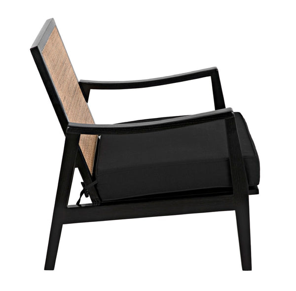 Noir Lichtenstein Chair - Charcoal Black Occasional Seat with Rattan Back & Cotton Cushion for Modern Spaces AE-215CHB