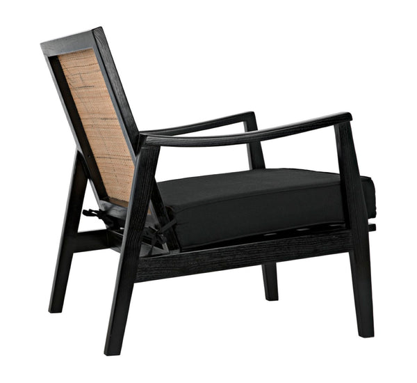 Noir Lichtenstein Chair - Charcoal Black Occasional Seat with Rattan Back & Cotton Cushion for Modern Spaces AE-215CHB