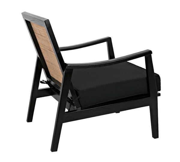 Noir Lichtenstein Chair - Charcoal Black Occasional Seat with Rattan Back & Cotton Cushion for Modern Spaces AE-215CHB