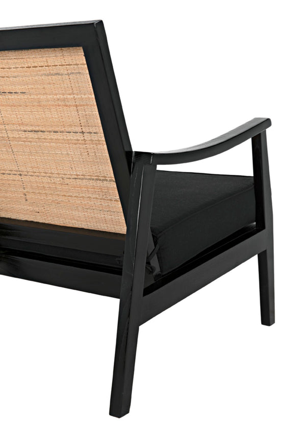 Noir Lichtenstein Chair - Charcoal Black Occasional Seat with Rattan Back & Cotton Cushion for Modern Spaces AE-215CHB
