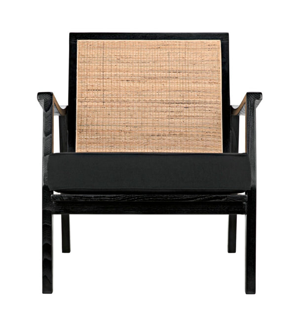 Noir Lichtenstein Chair - Charcoal Black Occasional Seat with Rattan Back & Cotton Cushion for Modern Spaces AE-215CHB