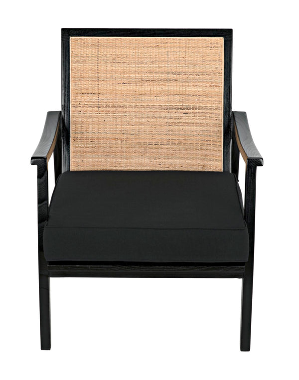 Noir Lichtenstein Chair - Charcoal Black Occasional Seat with Rattan Back & Cotton Cushion for Modern Spaces AE-215CHB