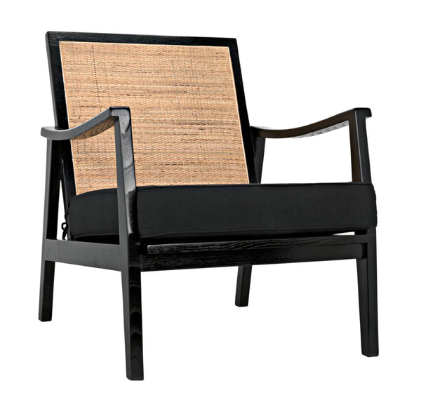 Noir Lichtenstein Chair - Charcoal Black Occasional Seat with Rattan Back & Cotton Cushion for Modern Spaces AE-215CHB