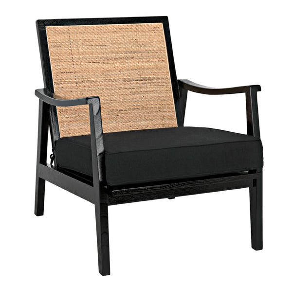 Noir Lichtenstein Chair - Charcoal Black Occasional Seat with Rattan Back & Cotton Cushion for Modern Spaces AE-215CHB