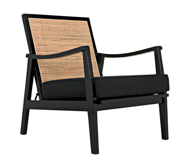 Noir Lichtenstein Chair - Charcoal Black Occasional Seat with Rattan Back & Cotton Cushion for Modern Spaces AE-215CHB
