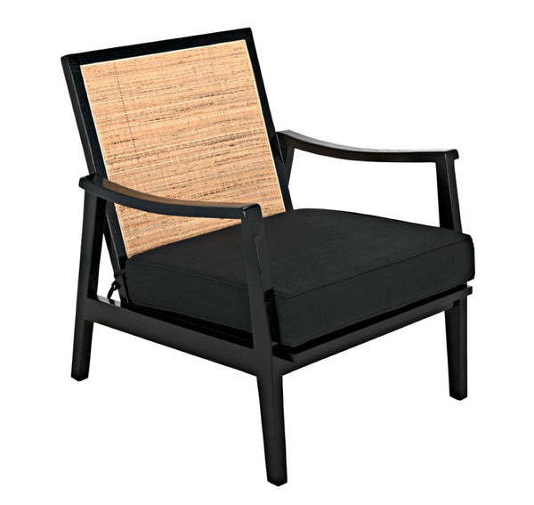 Noir Lichtenstein Chair - Charcoal Black Occasional Seat with Rattan Back & Cotton Cushion for Modern Spaces AE-215CHB