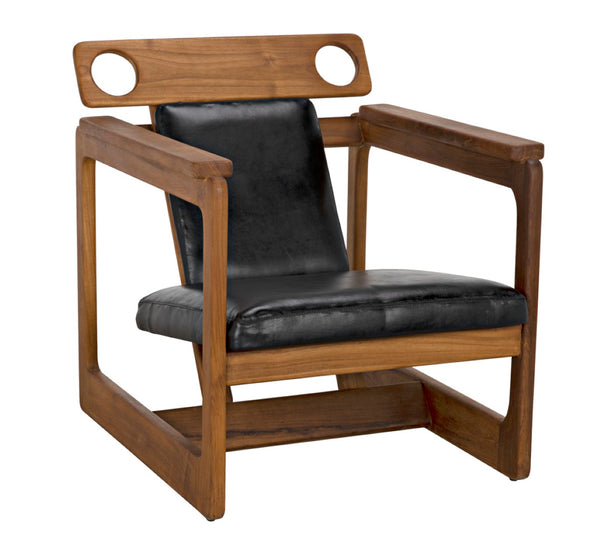Noir Buraco Relax Chair: Handcrafted Teak & Black Leather Lounge Seat for Modern Spaces & Elegance AE-224T