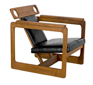 Noir Buraco Relax Chair: Handcrafted Teak & Black Leather Lounge Seat for Modern Spaces & Elegance AE-224T