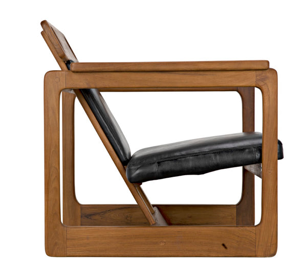 Noir Buraco Relax Chair: Handcrafted Teak & Black Leather Lounge Seat for Modern Spaces & Elegance AE-224T