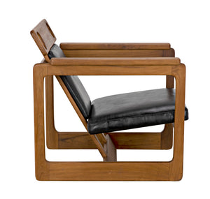 Noir Buraco Relax Chair: Handcrafted Teak & Black Leather Lounge Seat for Modern Spaces & Elegance AE-224T