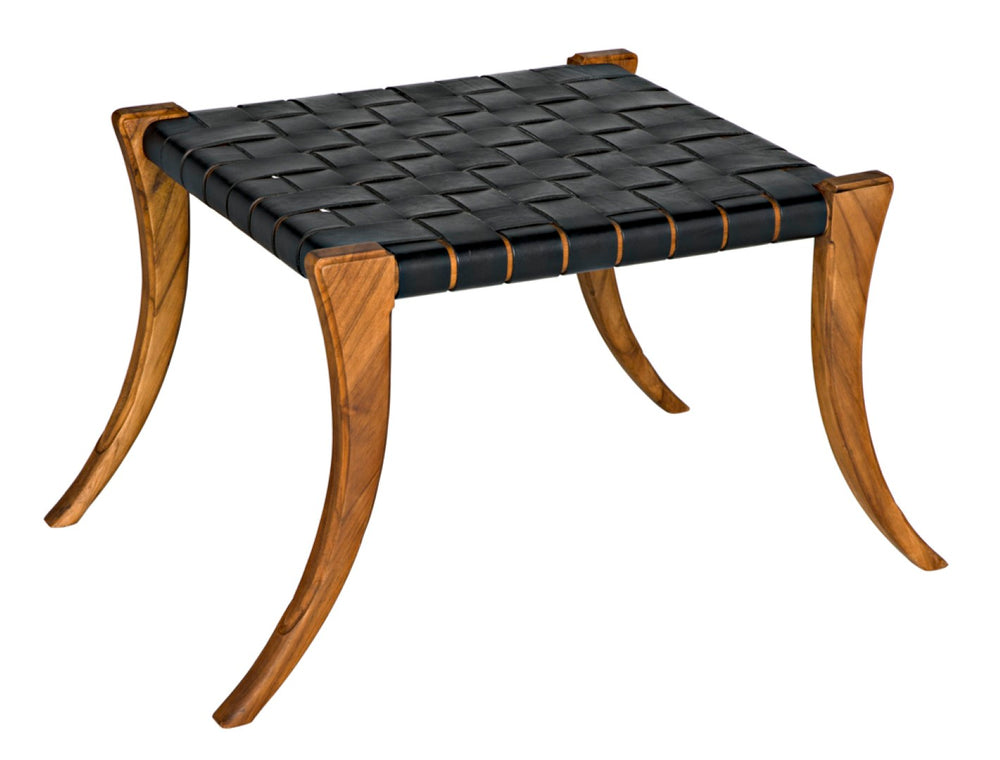 Noir Sparti Stool - Rustic Teak and Black Leather Accent Seat for Living Rooms, Bedrooms, and Entryways AE-290T