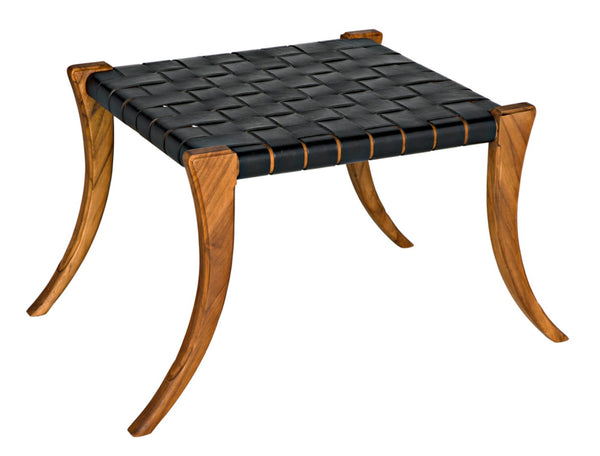 Noir Sparti Stool - Rustic Teak and Black Leather Accent Seat for Living Rooms, Bedrooms, and Entryways AE-290T