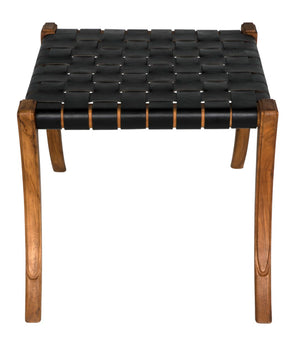 Noir Sparti Stool - Rustic Teak and Black Leather Accent Seat for Living Rooms, Bedrooms, and Entryways AE-290T