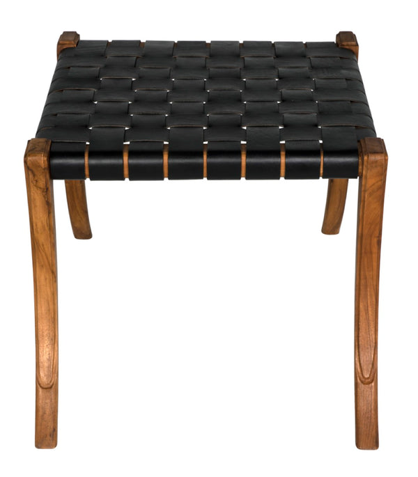 Noir Sparti Stool - Rustic Teak and Black Leather Accent Seat for Living Rooms, Bedrooms, and Entryways AE-290T