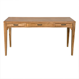 Noir Ambrose Desk: Stylish Bleached Teak Workspace with Minimalist Design, Spacious Surface & Elegant Brass Pulls AE-301BT
