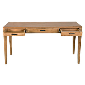 Noir Ambrose Desk: Stylish Bleached Teak Workspace with Minimalist Design, Spacious Surface & Elegant Brass Pulls AE-301BT