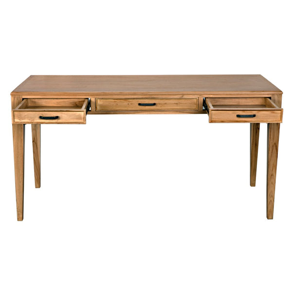 Noir Ambrose Desk: Stylish Bleached Teak Workspace with Minimalist Design, Spacious Surface & Elegant Brass Pulls AE-301BT