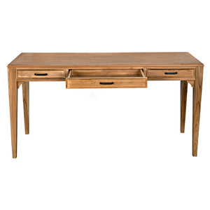Noir Ambrose Desk: Stylish Bleached Teak Workspace with Minimalist Design, Spacious Surface & Elegant Brass Pulls AE-301BT