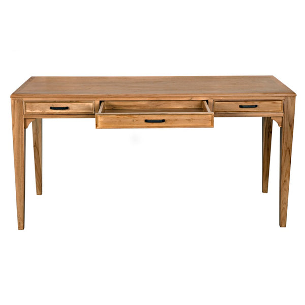 Noir Ambrose Desk: Stylish Bleached Teak Workspace with Minimalist Design, Spacious Surface & Elegant Brass Pulls AE-301BT