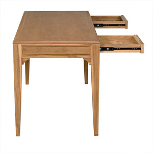 Noir Ambrose Desk: Stylish Bleached Teak Workspace with Minimalist Design, Spacious Surface & Elegant Brass Pulls AE-301BT