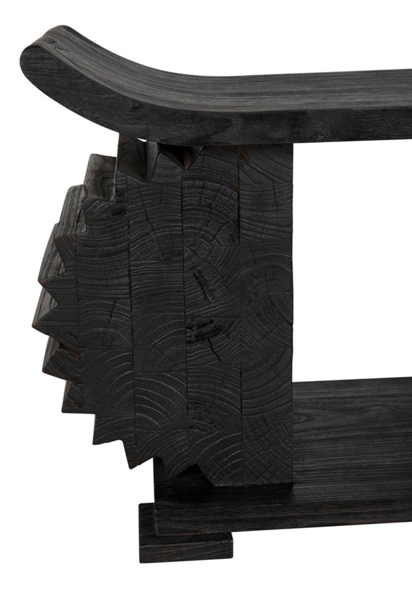 Noir Duma Sculptural Bench - Hand-Carved Solid Munggur in Burnt Black for Modern Eclectic Interiors AE-306BB