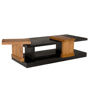 Noir Fleming Sculptural Coffee Table – Asymmetrical Teak & Charcoal Design with Open Shelving for Chic Spaces AE-355TCHB