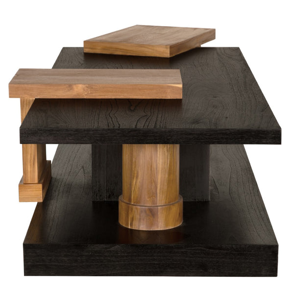 Noir Fleming Sculptural Coffee Table – Asymmetrical Teak & Charcoal Design with Open Shelving for Chic Spaces AE-355TCHB