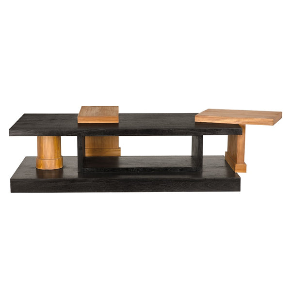Noir Fleming Sculptural Coffee Table – Asymmetrical Teak & Charcoal Design with Open Shelving for Chic Spaces AE-355TCHB