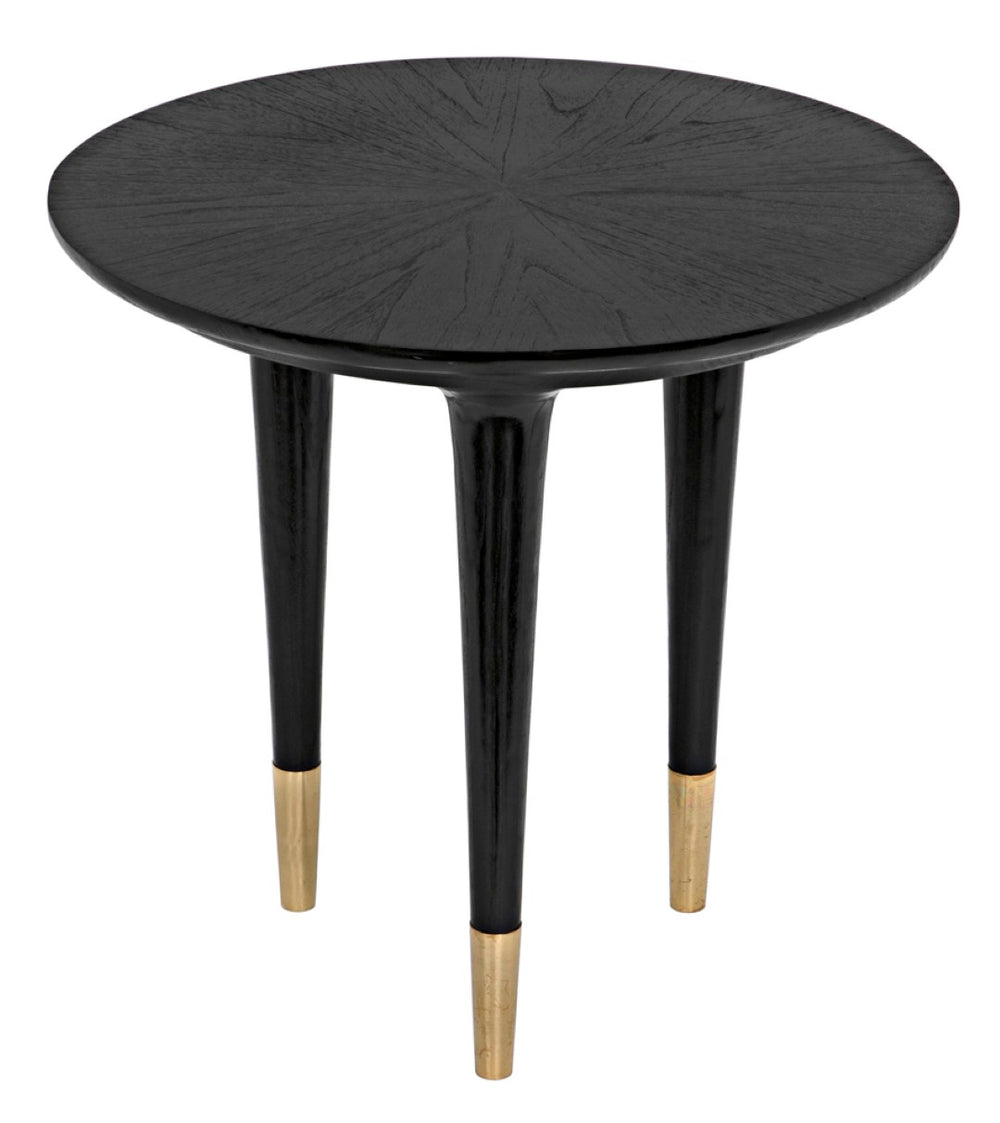Noir Maganini Modern Round Side Table in Charcoal Black with Brass-Capped Legs for Timeless Elegance AE-90CHB