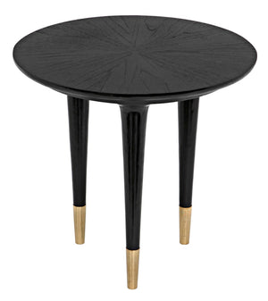 Noir Maganini Modern Round Side Table in Charcoal Black with Brass-Capped Legs for Timeless Elegance AE-90CHB