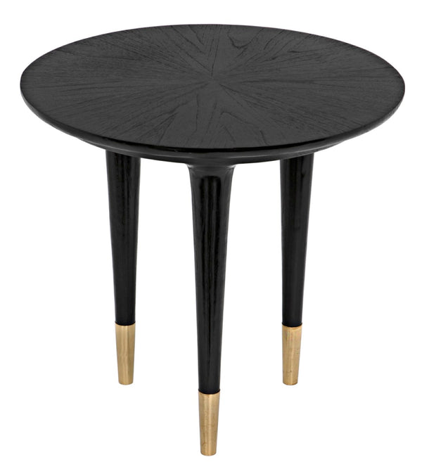Noir Maganini Modern Round Side Table in Charcoal Black with Brass-Capped Legs for Timeless Elegance AE-90CHB