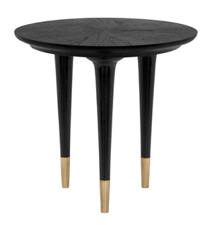 Noir Maganini Modern Round Side Table in Charcoal Black with Brass-Capped Legs for Timeless Elegance AE-90CHB