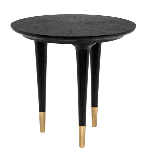 Noir Maganini Modern Round Side Table in Charcoal Black with Brass-Capped Legs for Timeless Elegance AE-90CHB