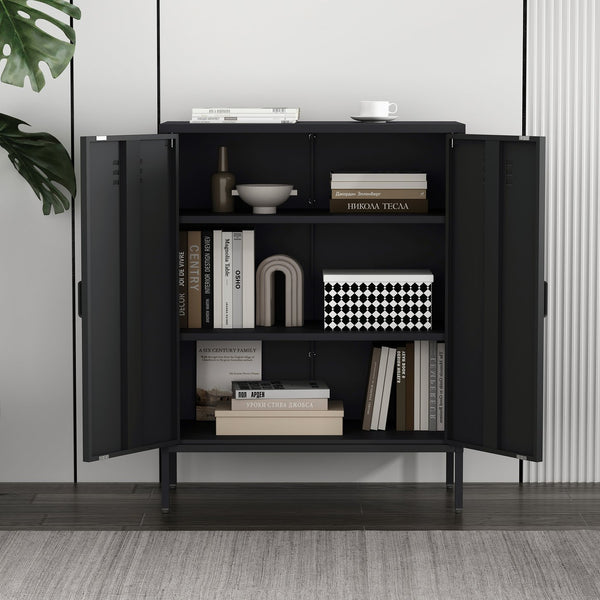 Manhattan Comfort Naomi Elegant Accent Cabinet With Adjustable Shelves For Versatile Storage And Modern Design Black Steel Af006-bk
