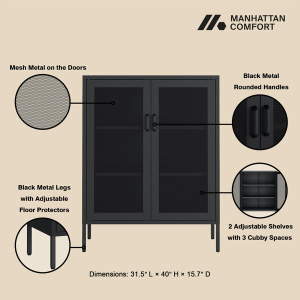Manhattan Comfort Amelia Accent Cabinet With Adjustable Shelves - Modern Charm Meets Timeless Sophistication Black Steel Af008-bk