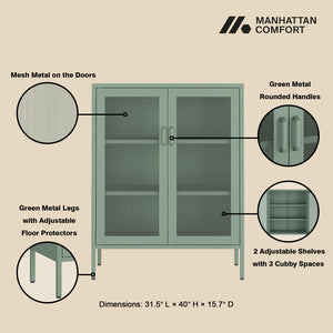 Manhattan Comfort Amelia Accent Cabinet With Adjustable Shelves - Modern Charm Meets Timeless Sophistication Green Steel Af008-gr