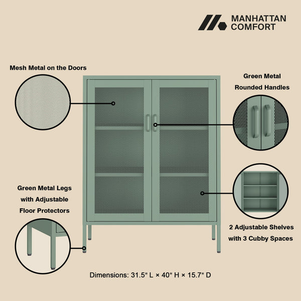 Manhattan Comfort Amelia Accent Cabinet With Adjustable Shelves - Modern Charm Meets Timeless Sophistication Green Steel Af008-gr