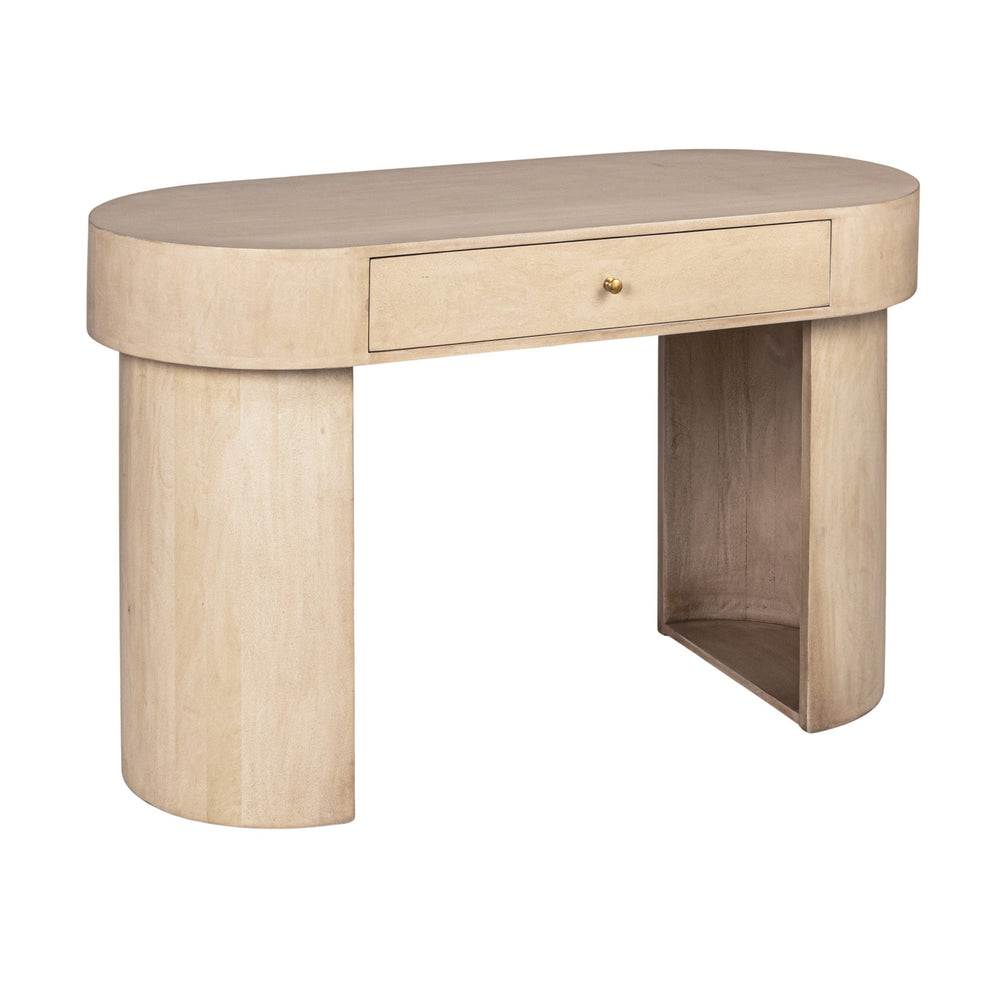 Rowena Interiors Oval Mango Wood Whitewashed Writing Desk with Drawer for Vanity or Entryway AH2330MC