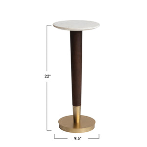 Rowena Interiors Acacia Wood Marble Top Martini Side Table with Brass Accents for Living Room AH2768