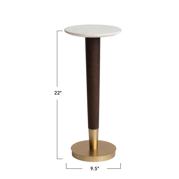 Rowena Interiors Acacia Wood Marble Top Martini Side Table with Brass Accents for Living Room AH2768