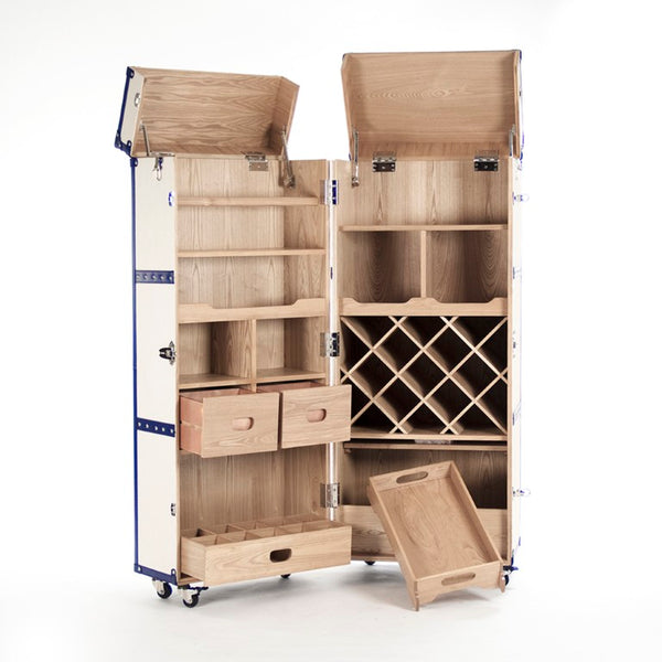 Zentique Sinclair Foldable Wine Cabinet — Compact Solid Ash Storage with Stainless Accents, Cream & Blue PU Finish AHP0375