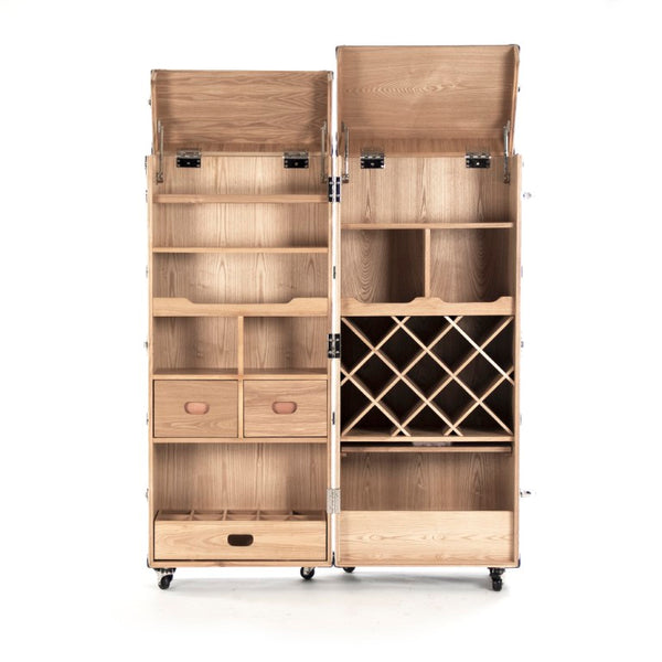 Zentique Sinclair Foldable Wine Cabinet — Compact Solid Ash Storage with Stainless Accents, Cream & Blue PU Finish AHP0375